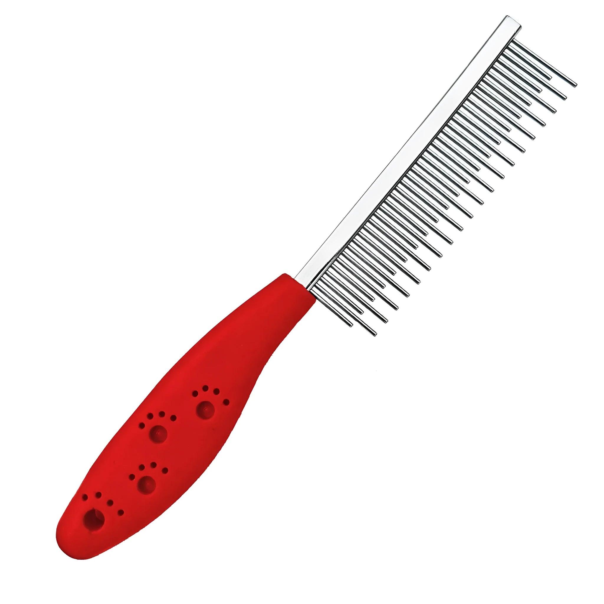 Red pet grooming comb with stainless steel short and long teeth for removing tangles and mats