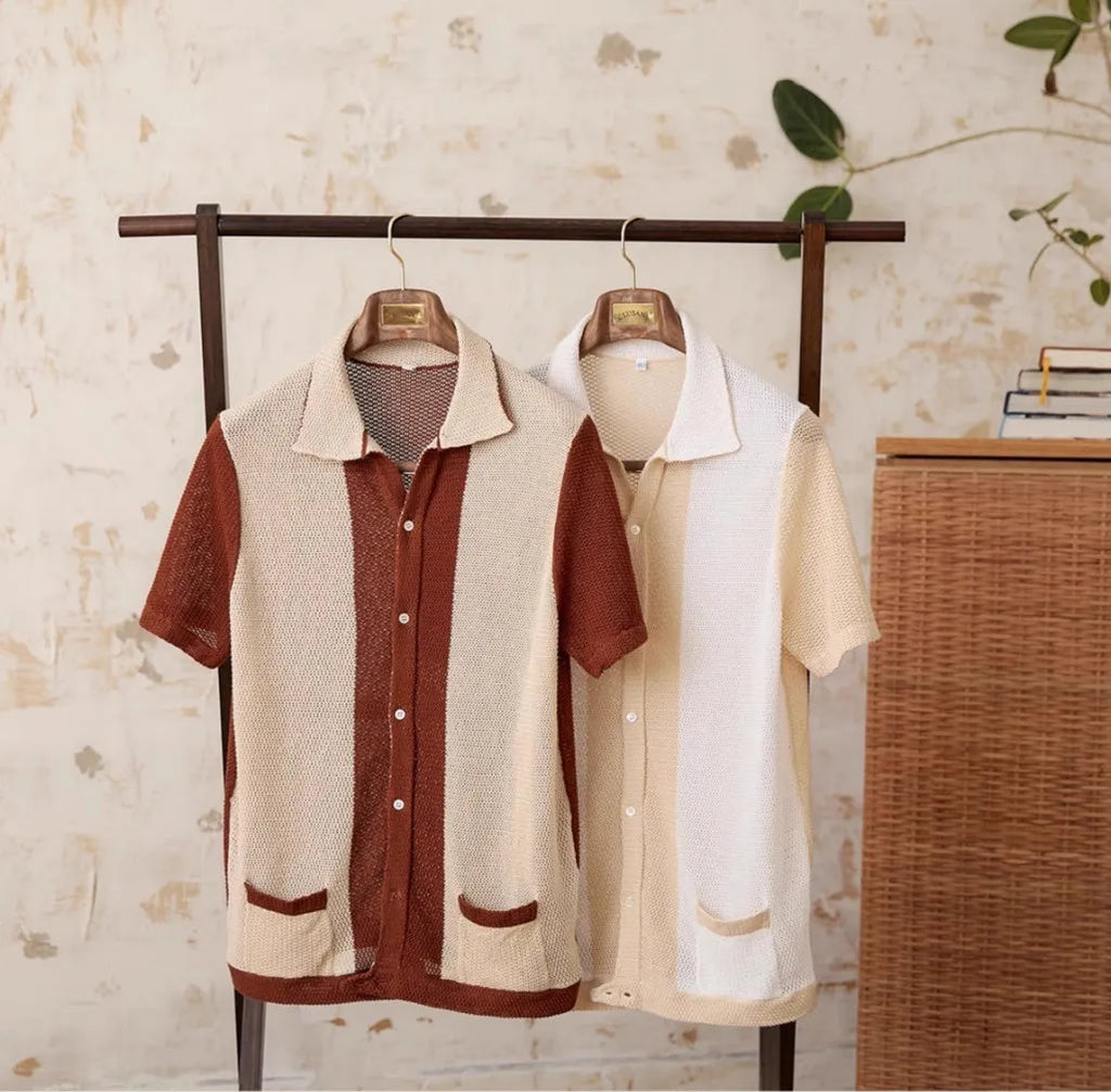Beige short-sleeved cardigan with lapel collar made from linen and cotton blend fabric