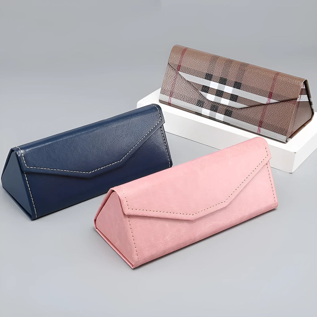 Handmade triangular folding glasses case in PU cowhide, shown in black colour with dimensions 160x66x16mm