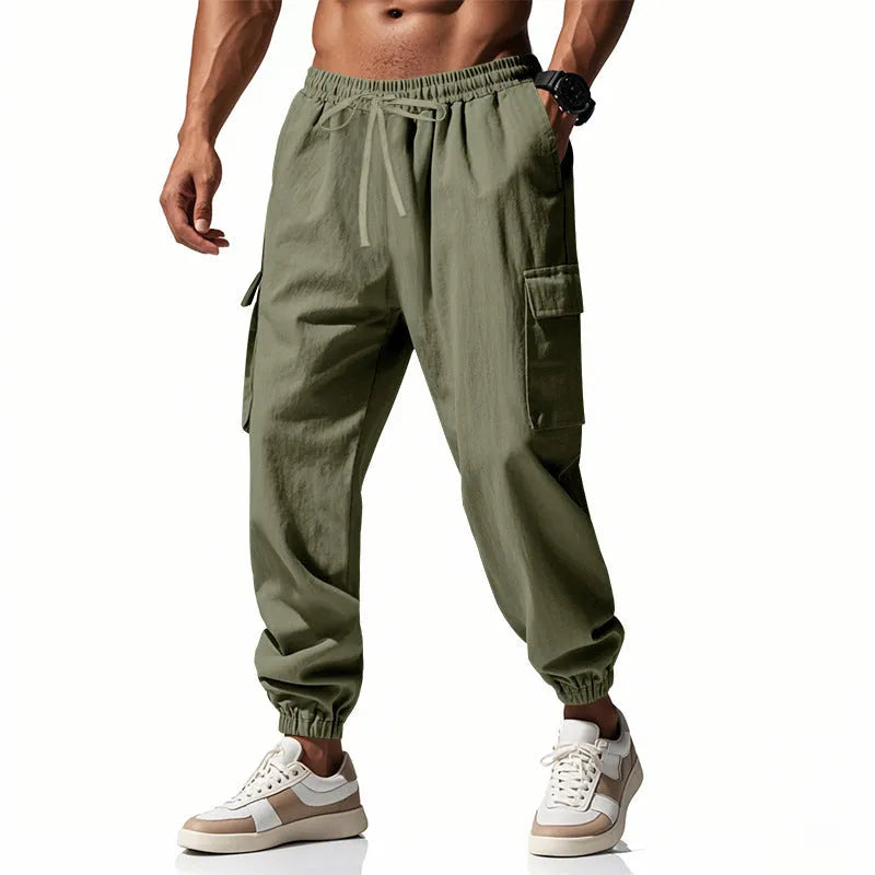 Men's linen casual trousers with ankle-tied cuffs and multiple pockets in solid colours