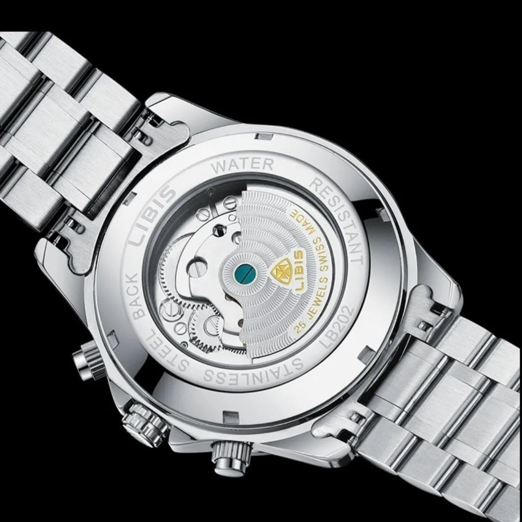 Men's silver stainless steel automatic watch with perpetual calendar function and sapphire crystal glass