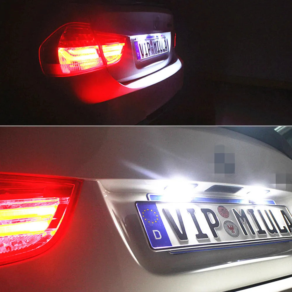 Volkswagen LED license plate light replacement kit with two white LED units for Golf, Polo, Phaeton models