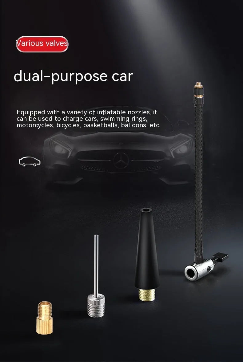 Red and black portable car tyre inflator with wireless charging and 12V cigarette lighter connection