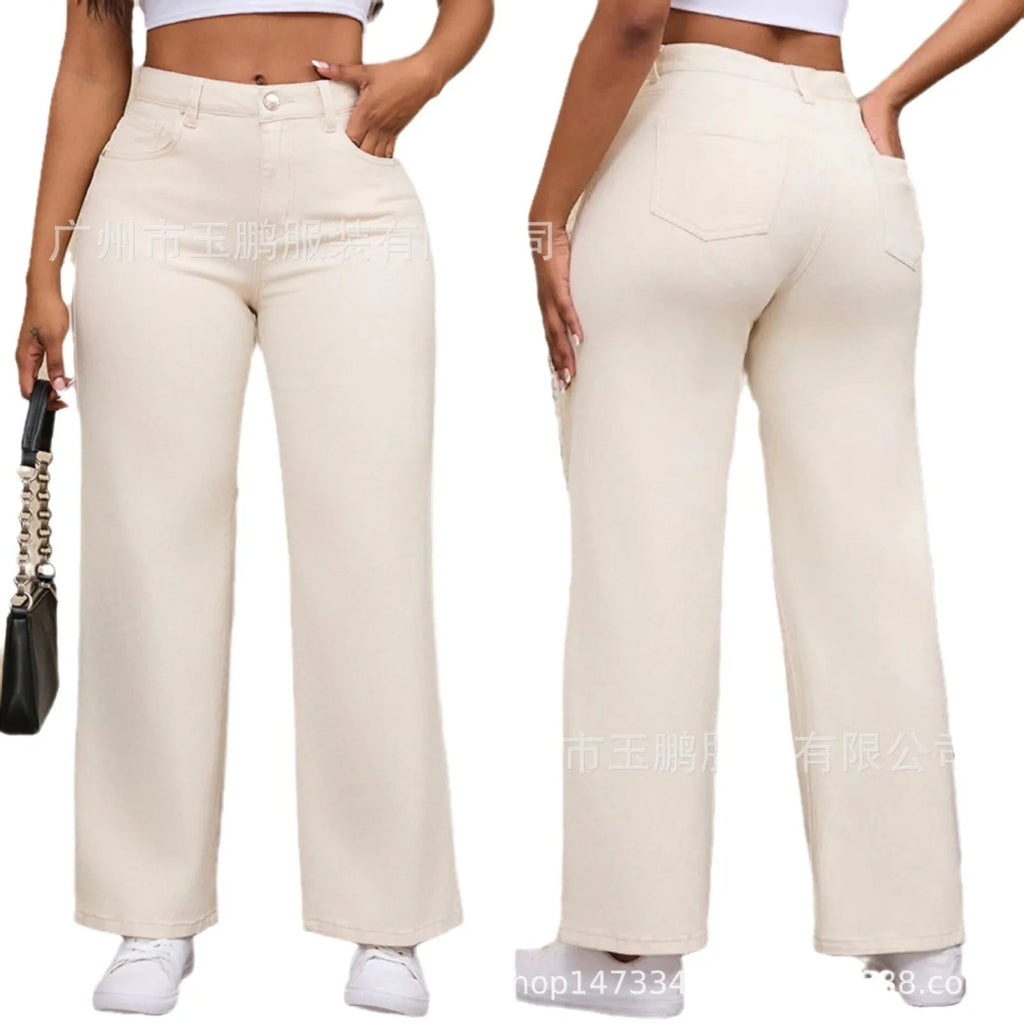 Women's high-waist wide-leg jeans in apricot and khaki colours, showing the relaxed fit and trouser length.