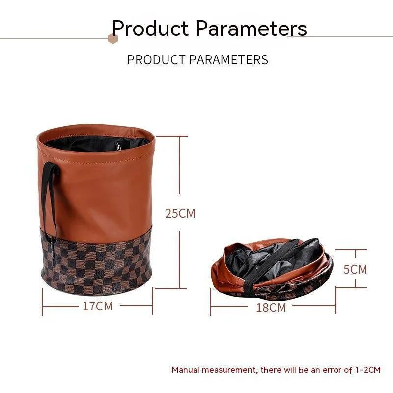Black leather car trash can with handle showing folded and expanded positions for vehicle waste management