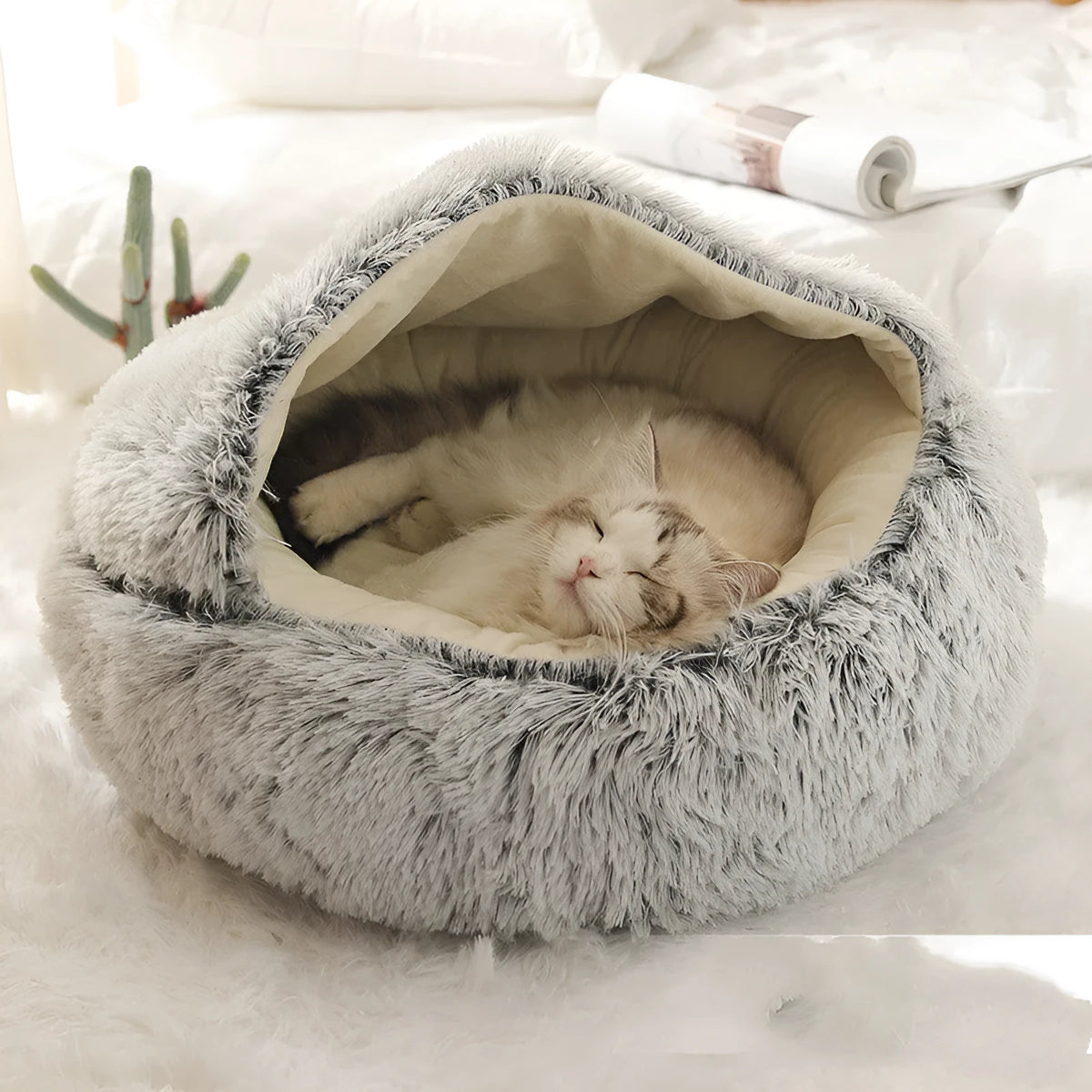 Cozy Cocoon pet bed in grey or brown plush with hooded design, sizes 40cm to 100cm