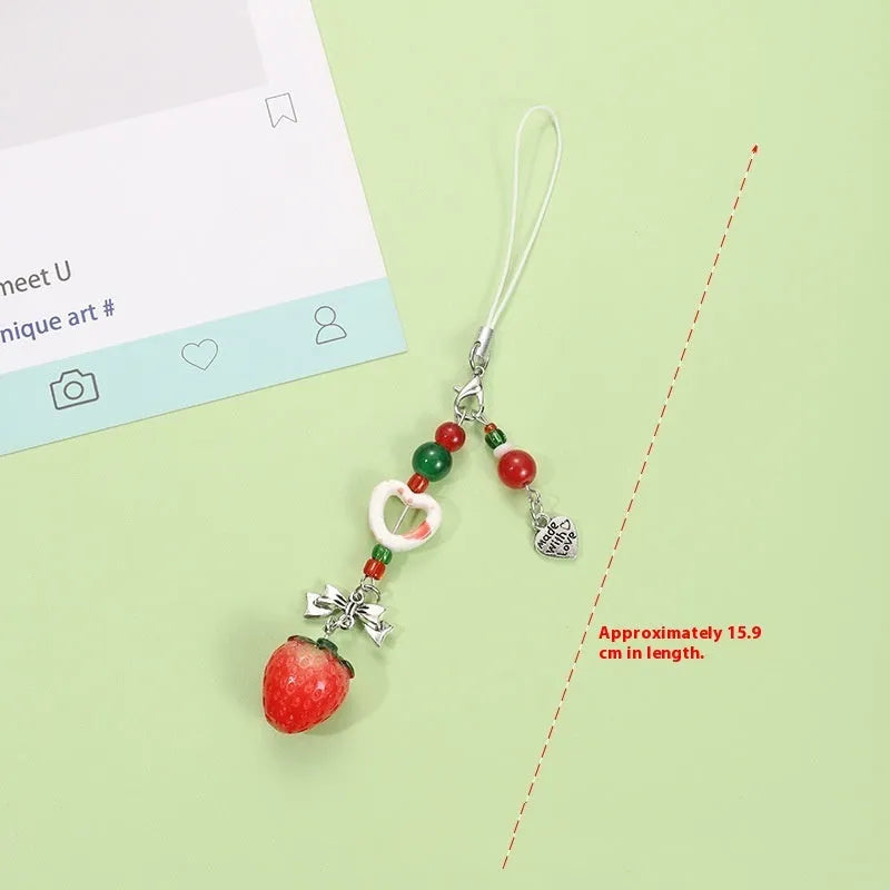 Plastic resin mobile phone keychain with fruit pattern including apple and strawberry designs