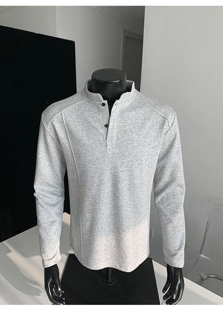 Men's patchwork stand-up collar polo shirt in loose fit with long sleeves