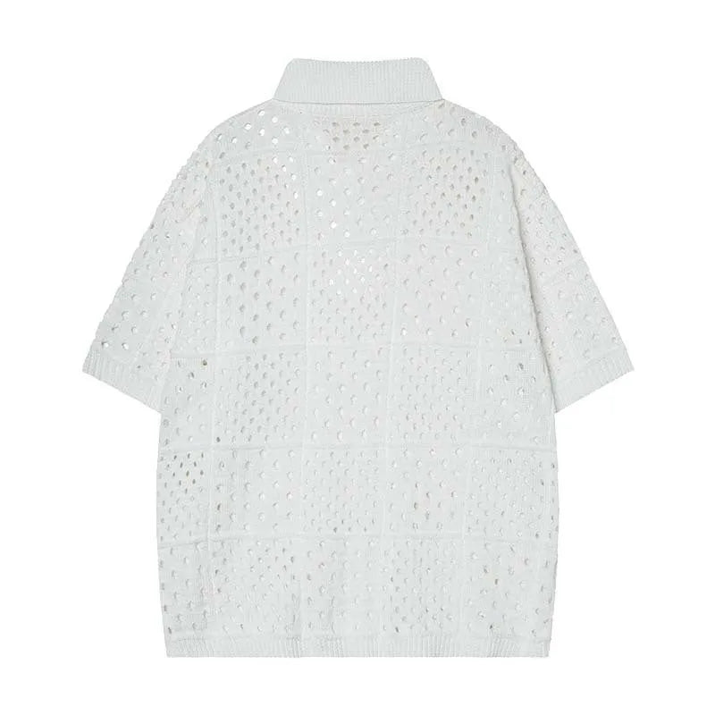Men's solid colour short-sleeved polo shirt with a hollow knit texture and loose fit.