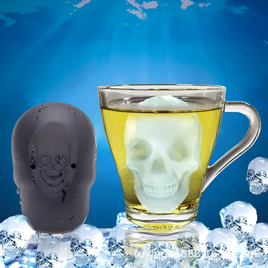 3D Halloween skull ice cube tray made from food grade silicone measuring 5.8 by 8.5 by 7 centimetres