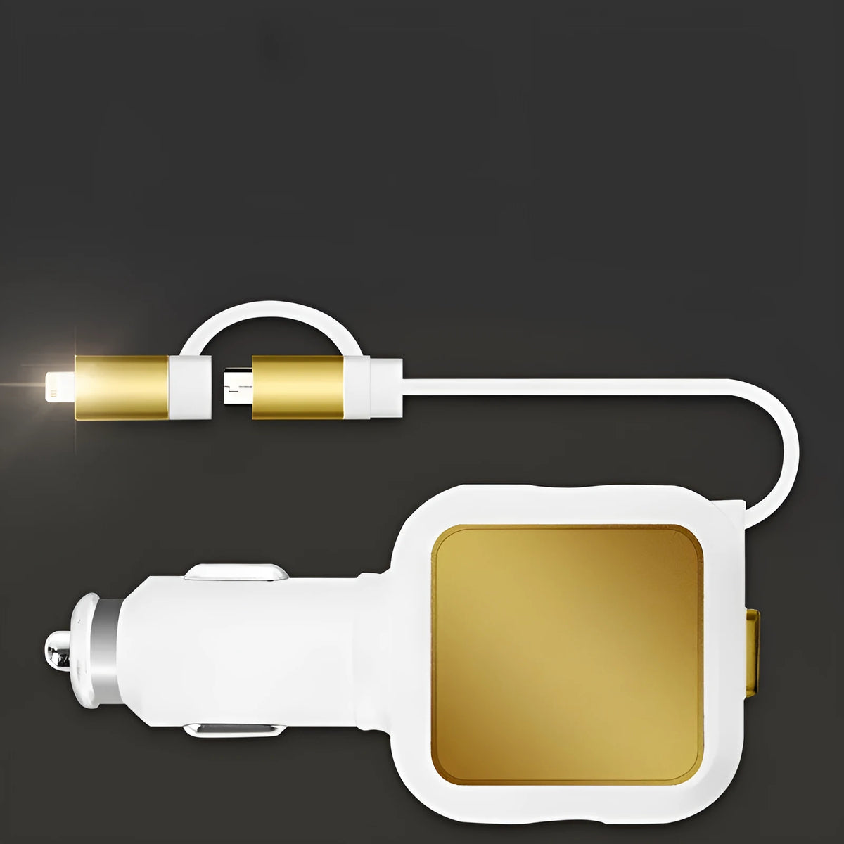 Black and gold dual USB car charger with retractable cable for vehicle charging