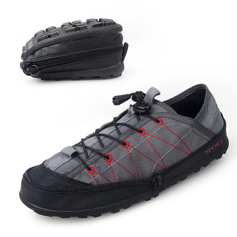 Portable folding outdoor shoes in orange colour with mesh upper and side zipper, shown folded and unfolded.