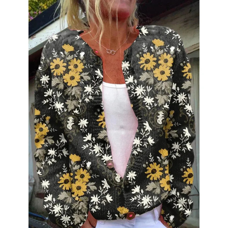 Yellow knitted cardigan coat featuring a digitally printed 3D pattern, open front, and regular sleeves.