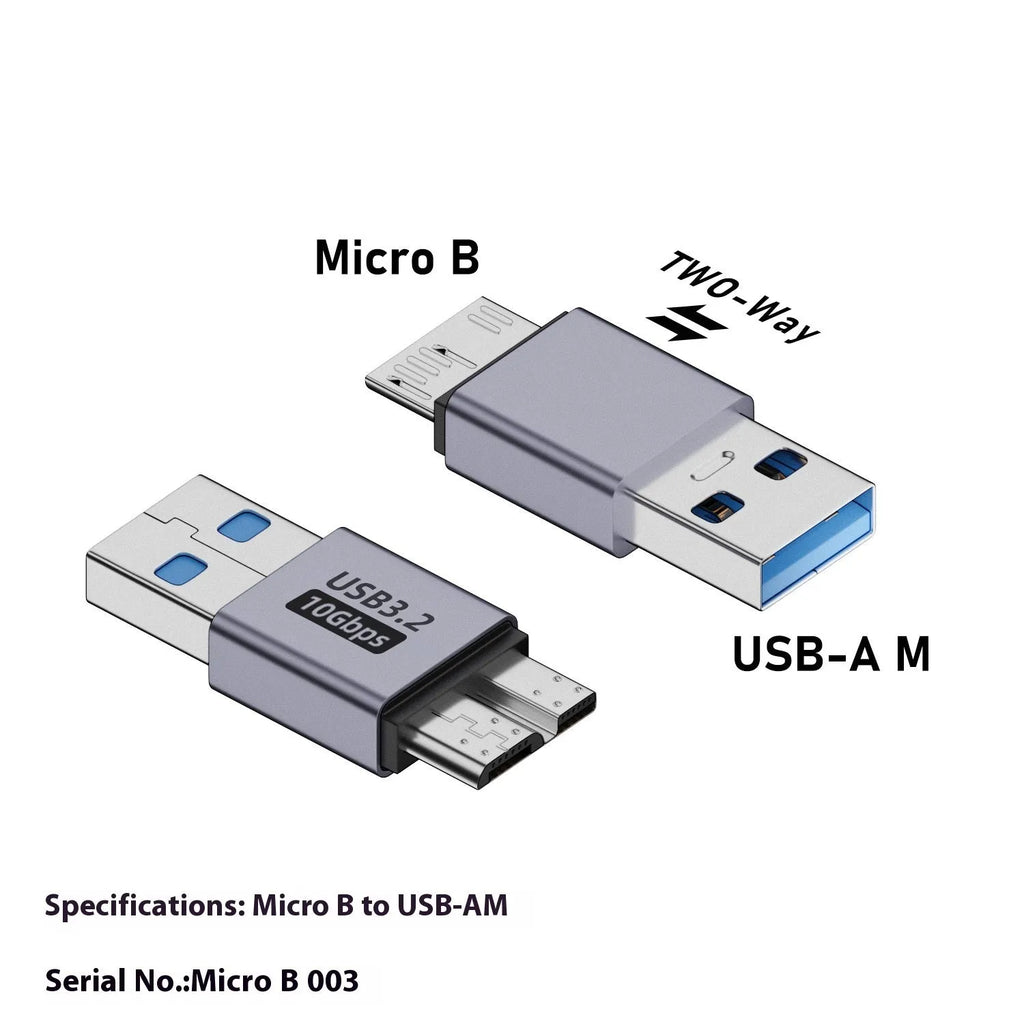 Close-up of a USB A Male to Micro B Female adapter on a white background.