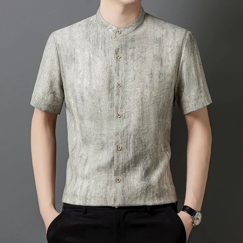 Men's loose fit cardigan shirt with stand collar in solid grey colour