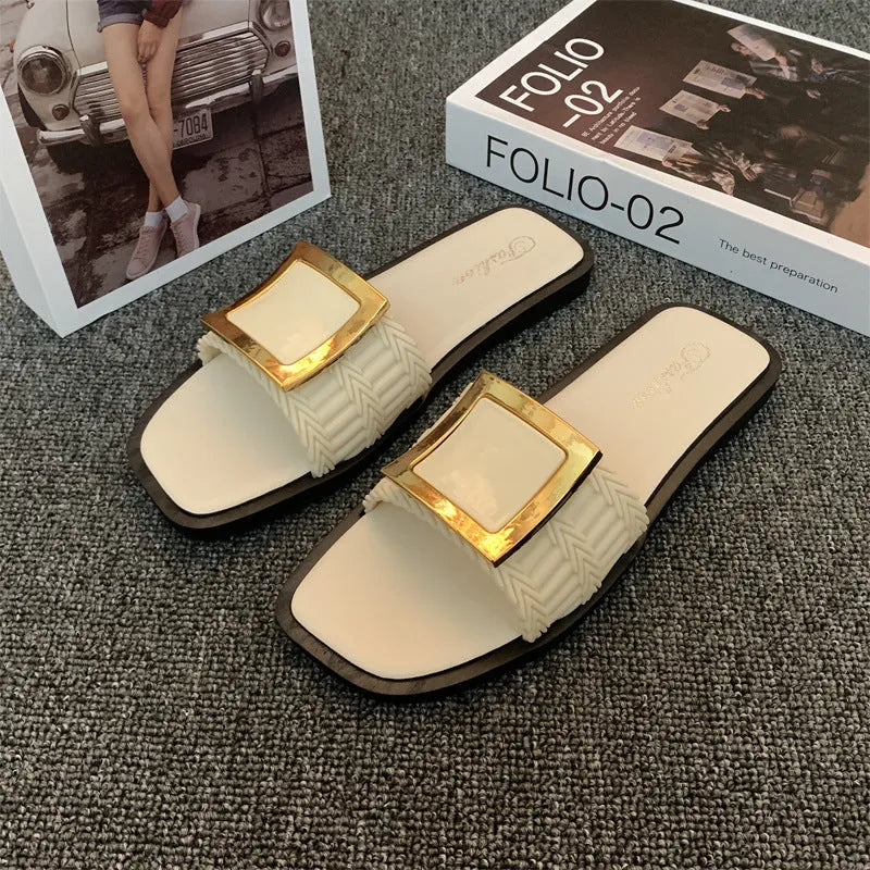 Women's casual flat summer slippers in apricot, black, or khaki with a PVC sole.