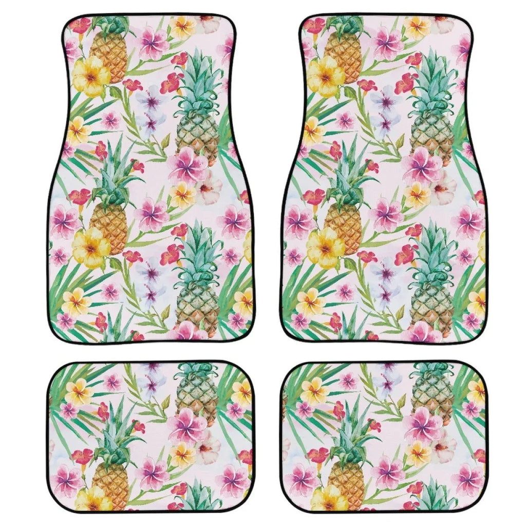 Black printed rubber car floor mat set showing front and rear pieces with textured surface.