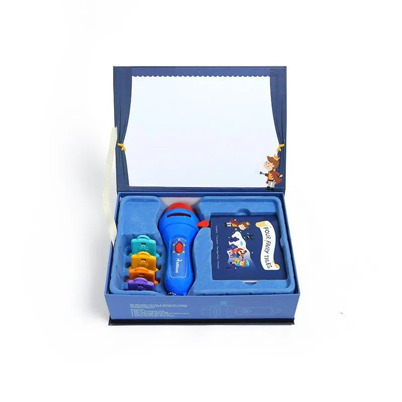Kids story projector torch with rotating fairy tale discs projecting images onto bedroom wall