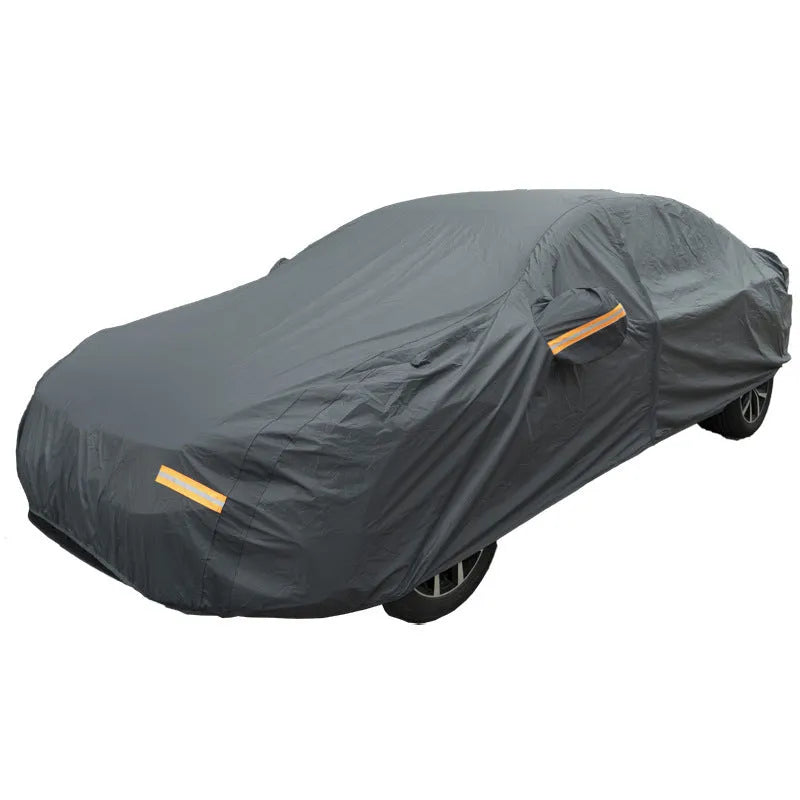 Grey PVC car cover for a Volkswagen vehicle showing rainproof and sun protection features.