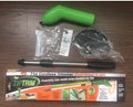 Cordless handheld lawn trimmer with extension pole and protective debris shield on a lawn.