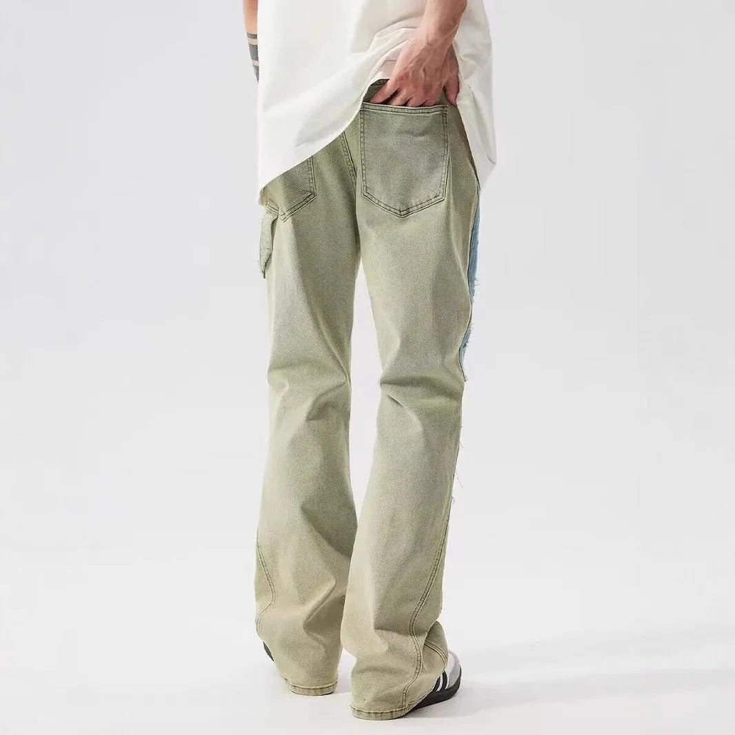 Men's retro jeans with yellow and blue patchwork denim and distressed detailing