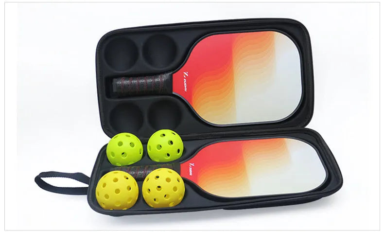 Black EVA pickleball racket storage box with double shoulder straps, shown holding a paddle and balls.