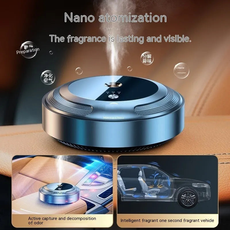 Car fragrance diffuser with zinc alloy shell and automatic spray mechanism measuring 89mm by 35mm