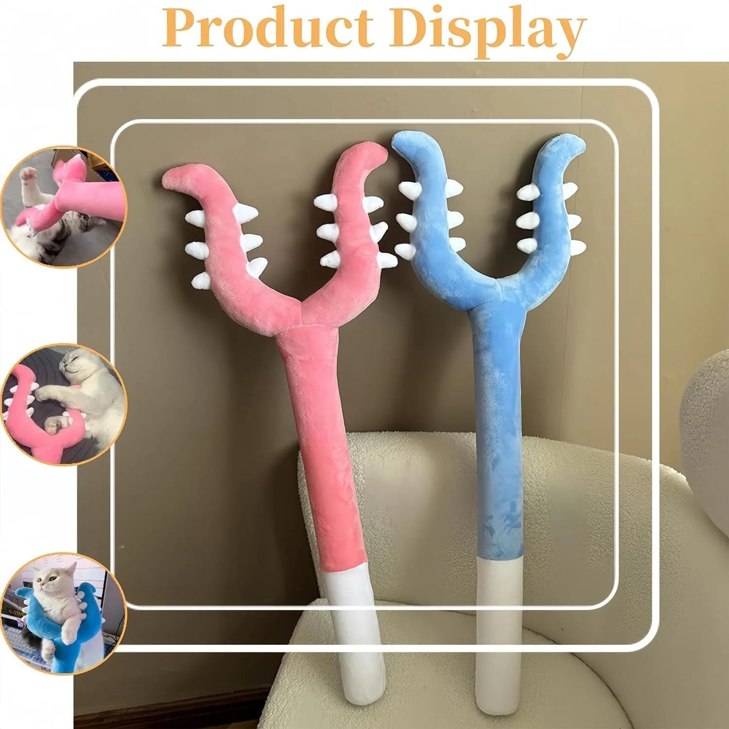 70cm blue plush cat wand toy with foam-filled head for interactive pet play