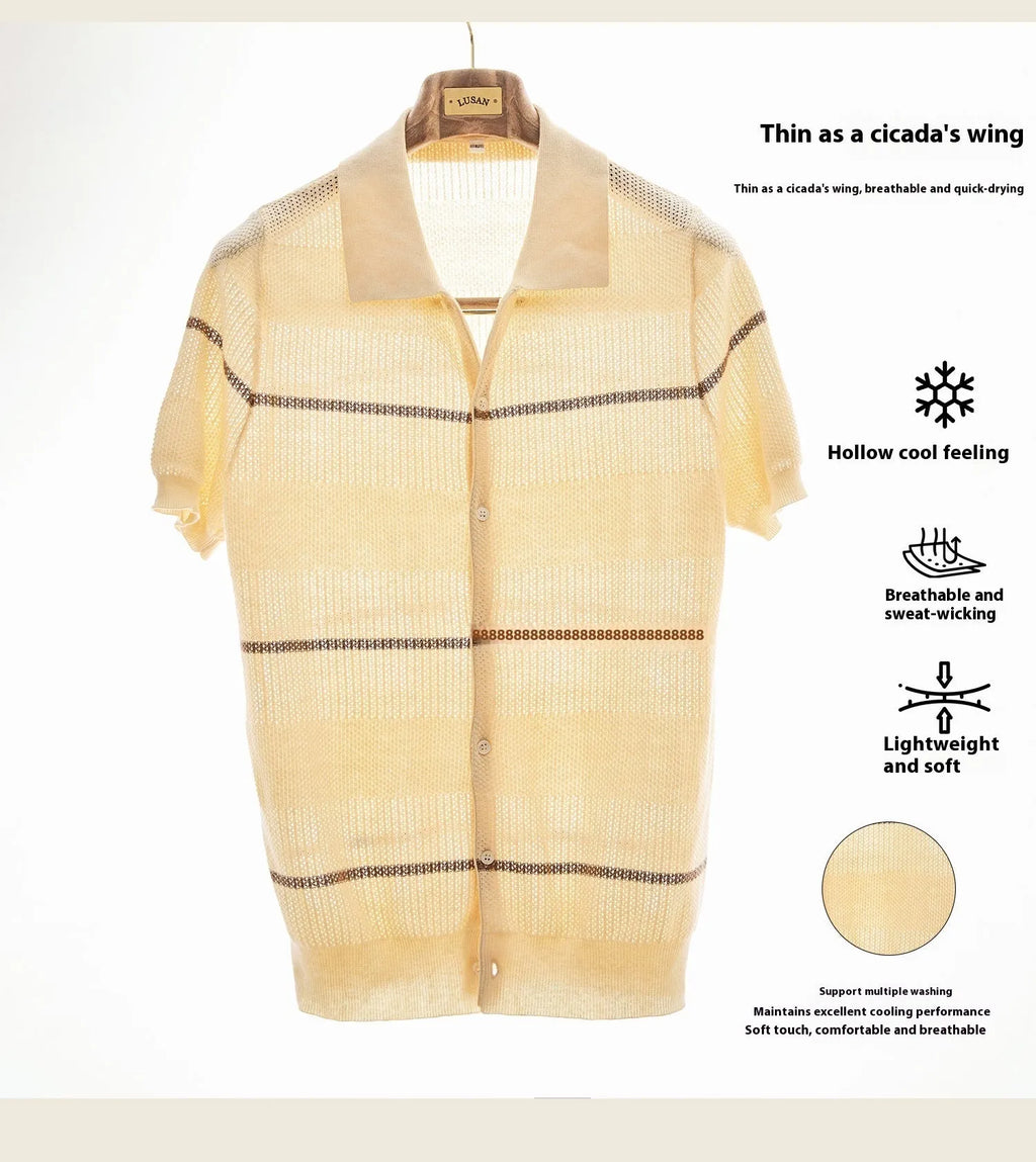 Casual lapel cardigan in thin cotton linen fabric with short sleeves in camel colour