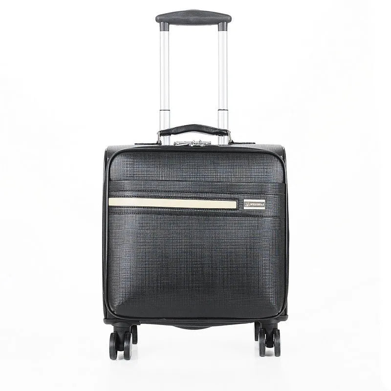 Black 18-inch wheeled business case made of PU leather with a telescopic handle and combination lock.