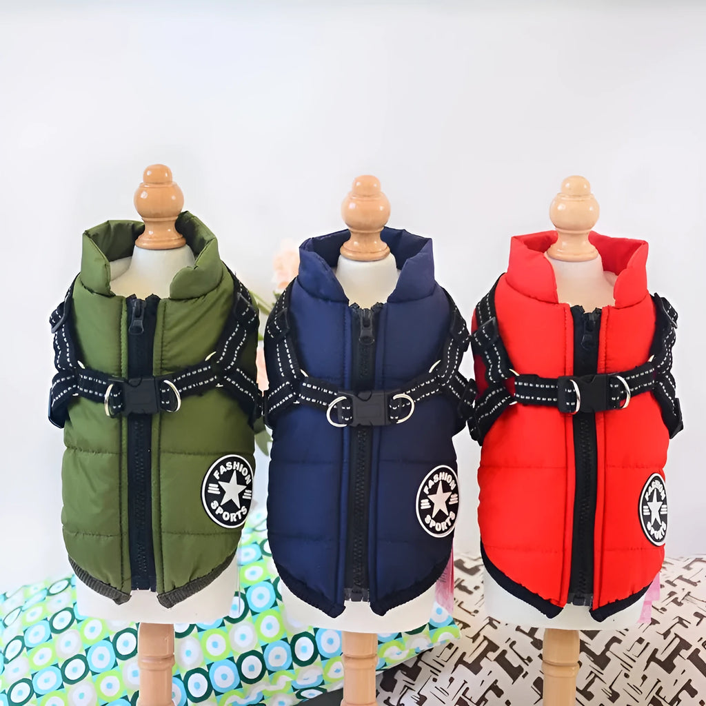 Red waterproof dog coat with a harness hole on a dog, showing the water-resistant fabric and size fit.