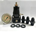 Black CNC aluminium fuel pressure regulator with adjustable 30-70 psi range and mounting strap