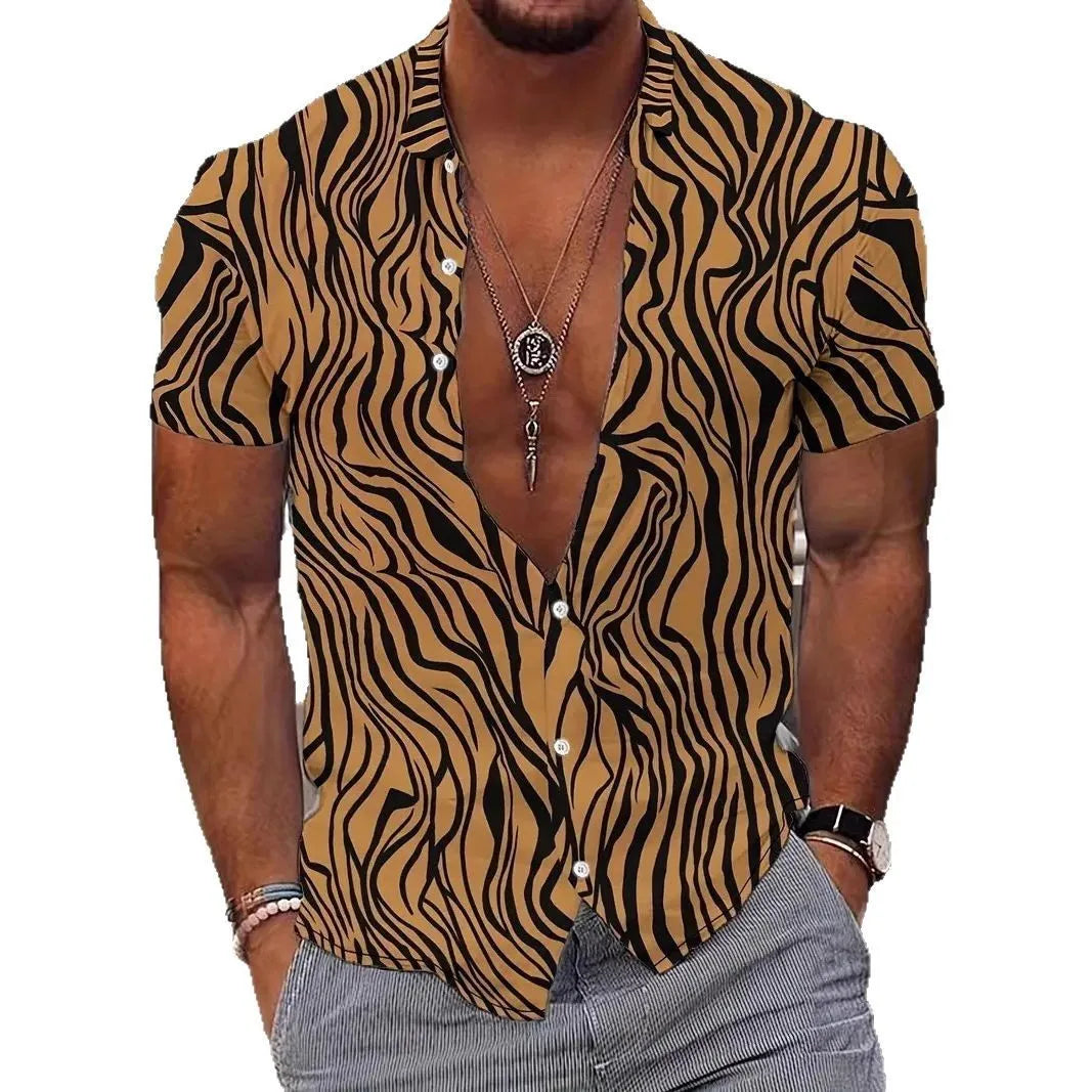 Men's slim fit short sleeve shirt featuring a geometric line print on the lapel.