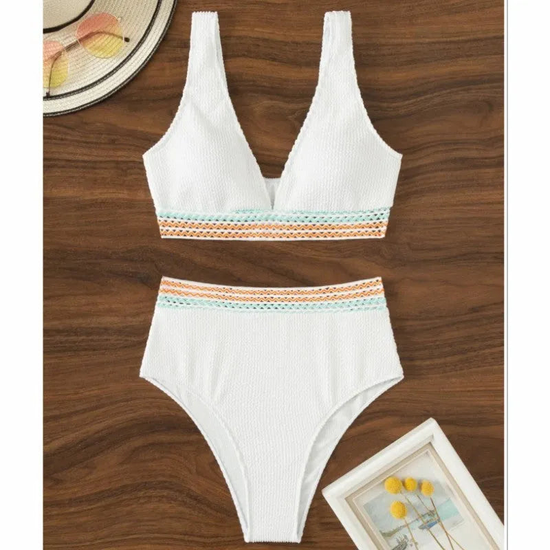 White high waist split bikini swimsuit on mannequin showing front and back views