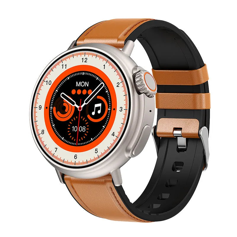 K9 smart watch with 1.39 inch round screen and silicone strap showing interface with health metrics