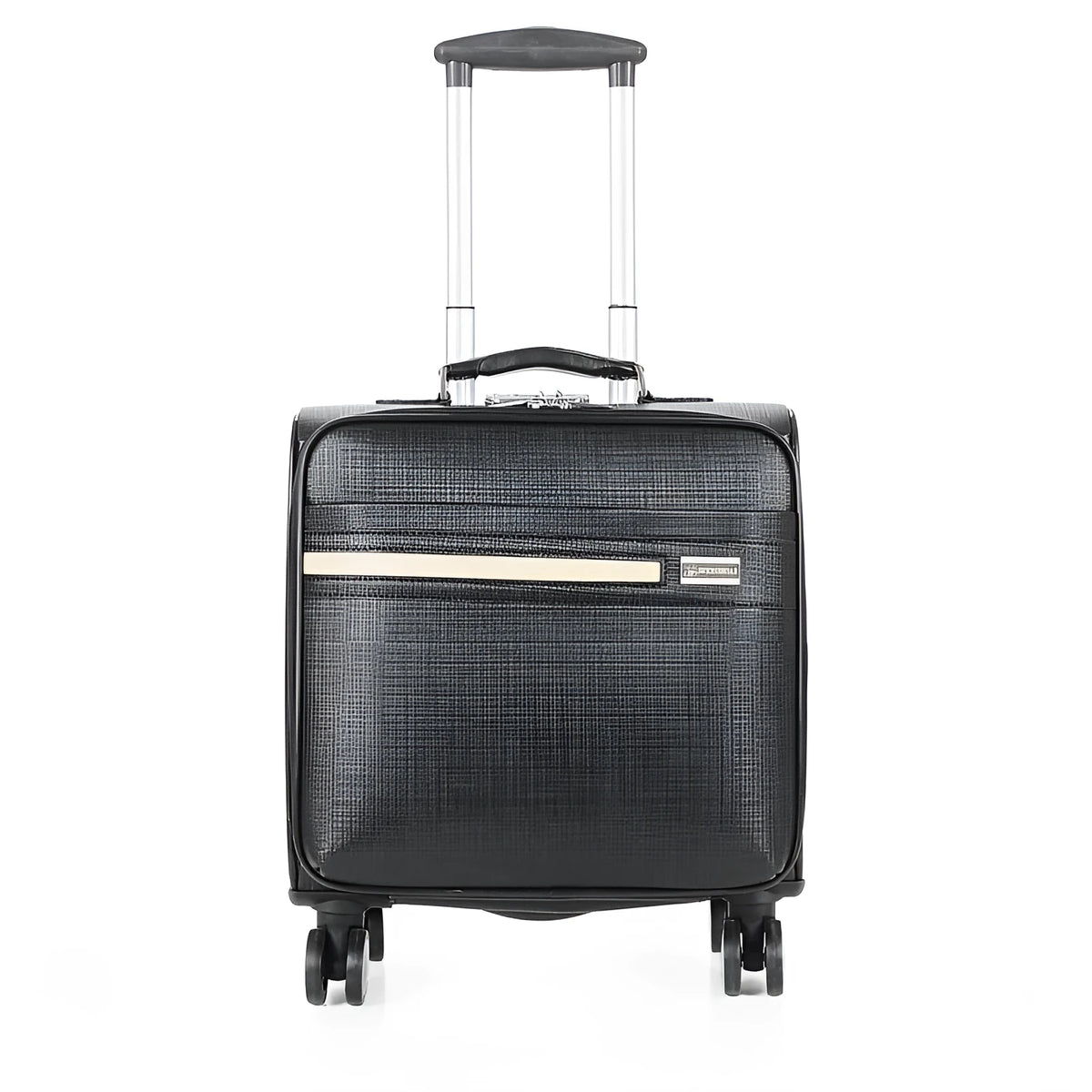Black 18-inch wheeled business case made of PU leather with a telescopic handle and combination lock.