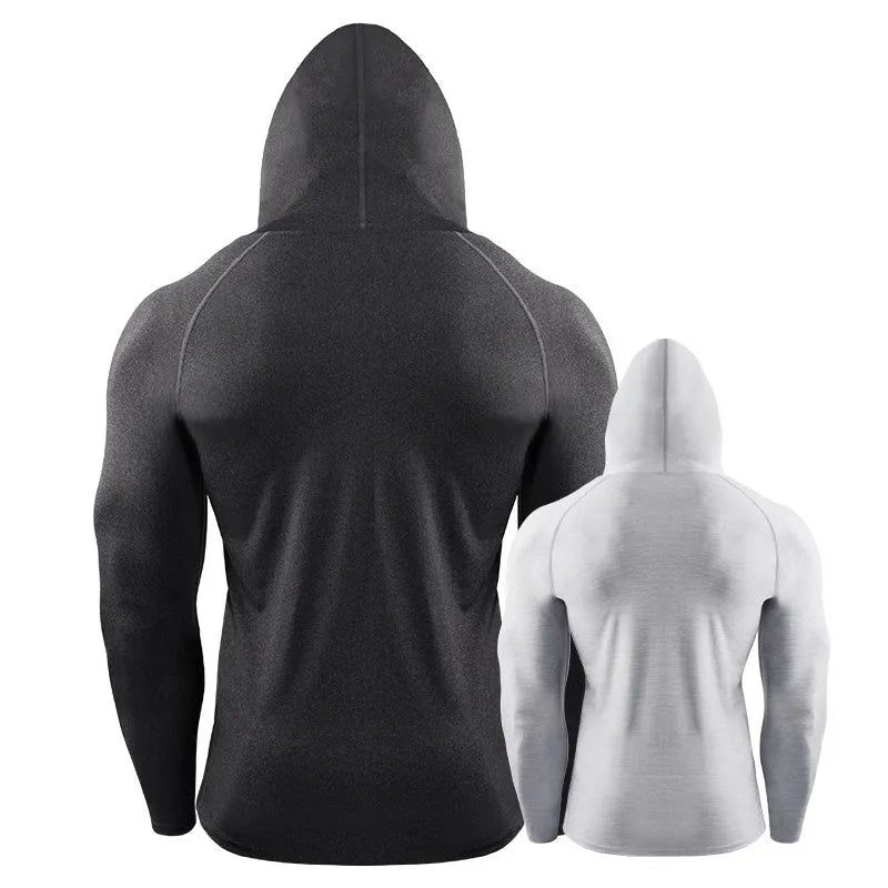 Slim long sleeve hooded workout top in polyester spandex, available in six colours and sizes M to XXXL