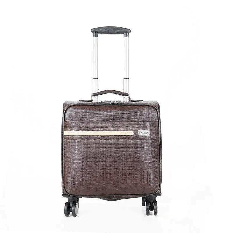 Black 18-inch wheeled business case made of PU leather with a telescopic handle and combination lock.