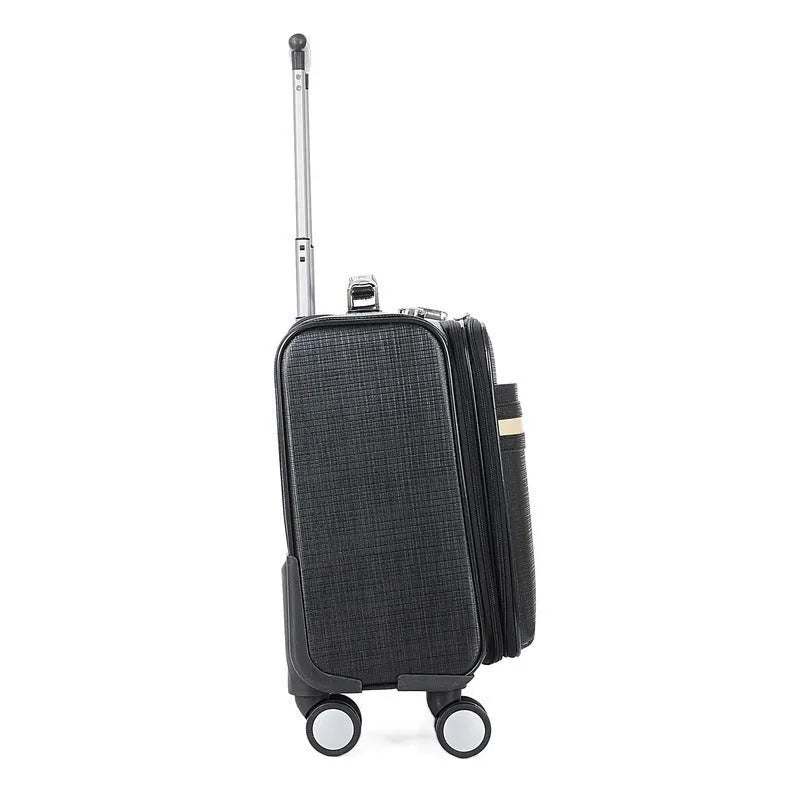 Black 18-inch wheeled business case made of PU leather with a telescopic handle and combination lock.