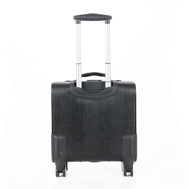 Black 18-inch wheeled business case made of PU leather with a telescopic handle and combination lock.