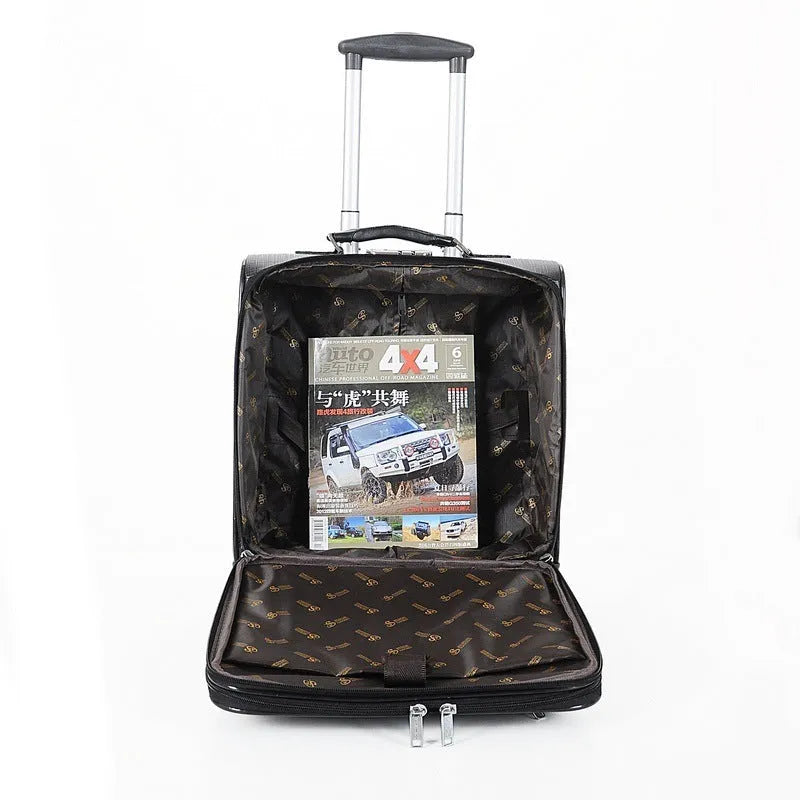 Black 18-inch wheeled business case made of PU leather with a telescopic handle and combination lock.