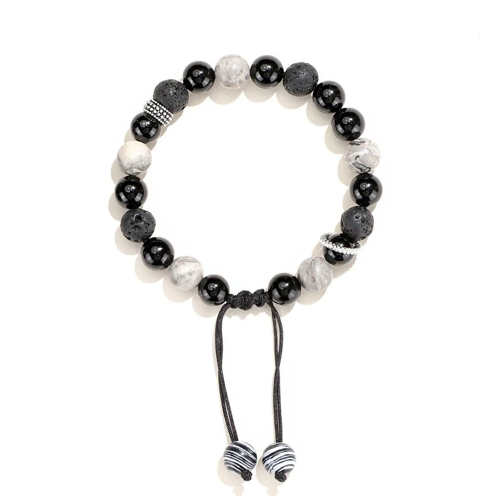 Black agate map stone and volcanic rock bracelet with diamond cut beads in 8mm and 10mm sizes