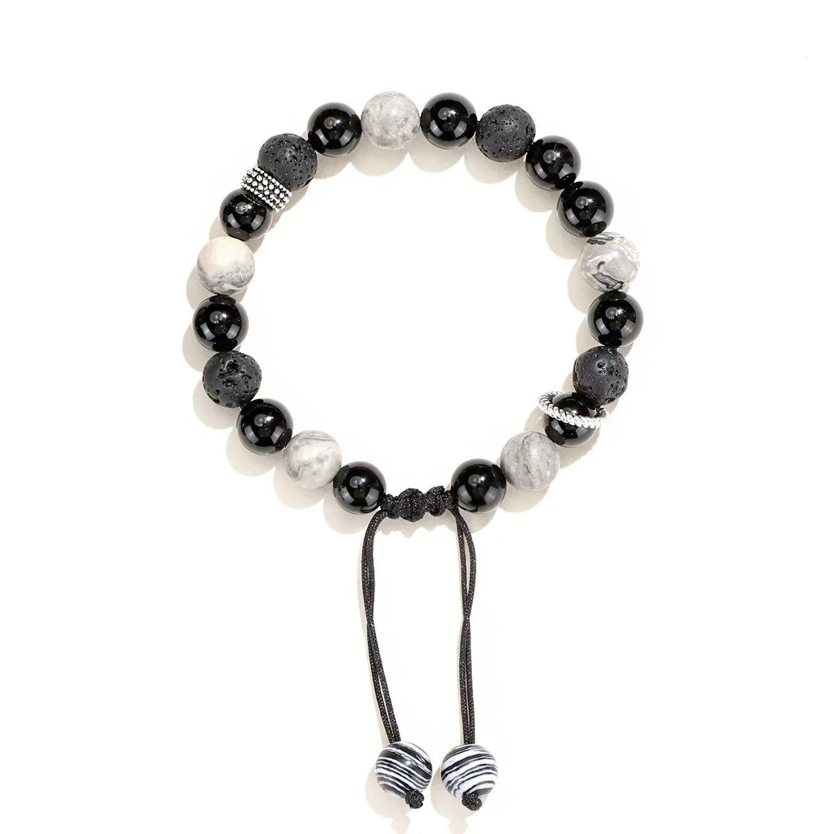 Black agate map stone and volcanic rock bracelet with diamond cut beads in 8mm and 10mm sizes