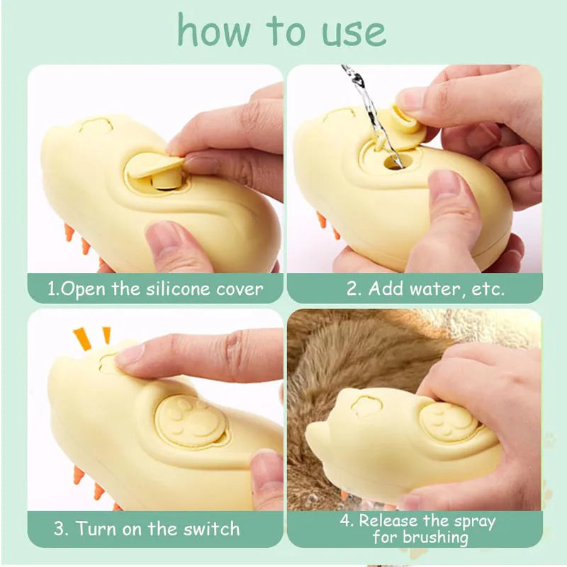 Steam-powered pet grooming brush with ergonomic handle for cats and dogs.