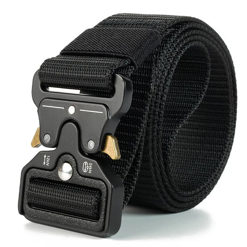 Men's thick canvas tactical belt with alloy buckle in 120cm length on colour background