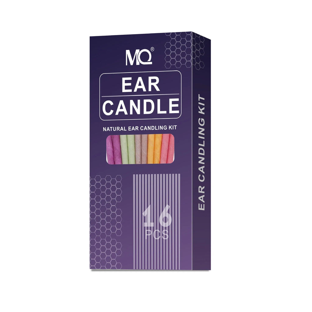 MQ Horn ear candles kit showing cotton cloth candles, protection boards, and cotton swabs in assorted colours.