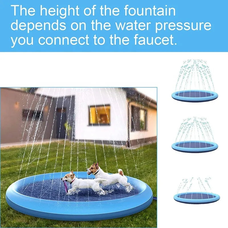 Anti-slip dog splash pad sprinkler toy on grass, showing textured PVC surface and hose connection.