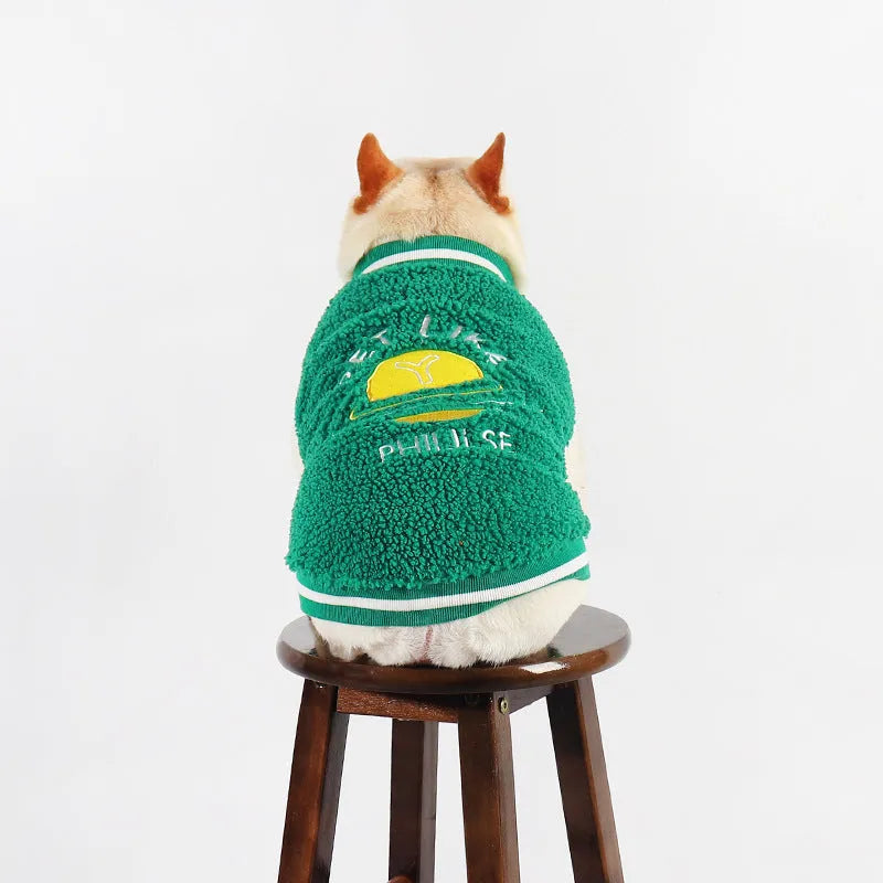 Green fleece-lined dog winter coat shown on a large dog, sizes include L, XL, XXL, 3XL, and 4XL.
