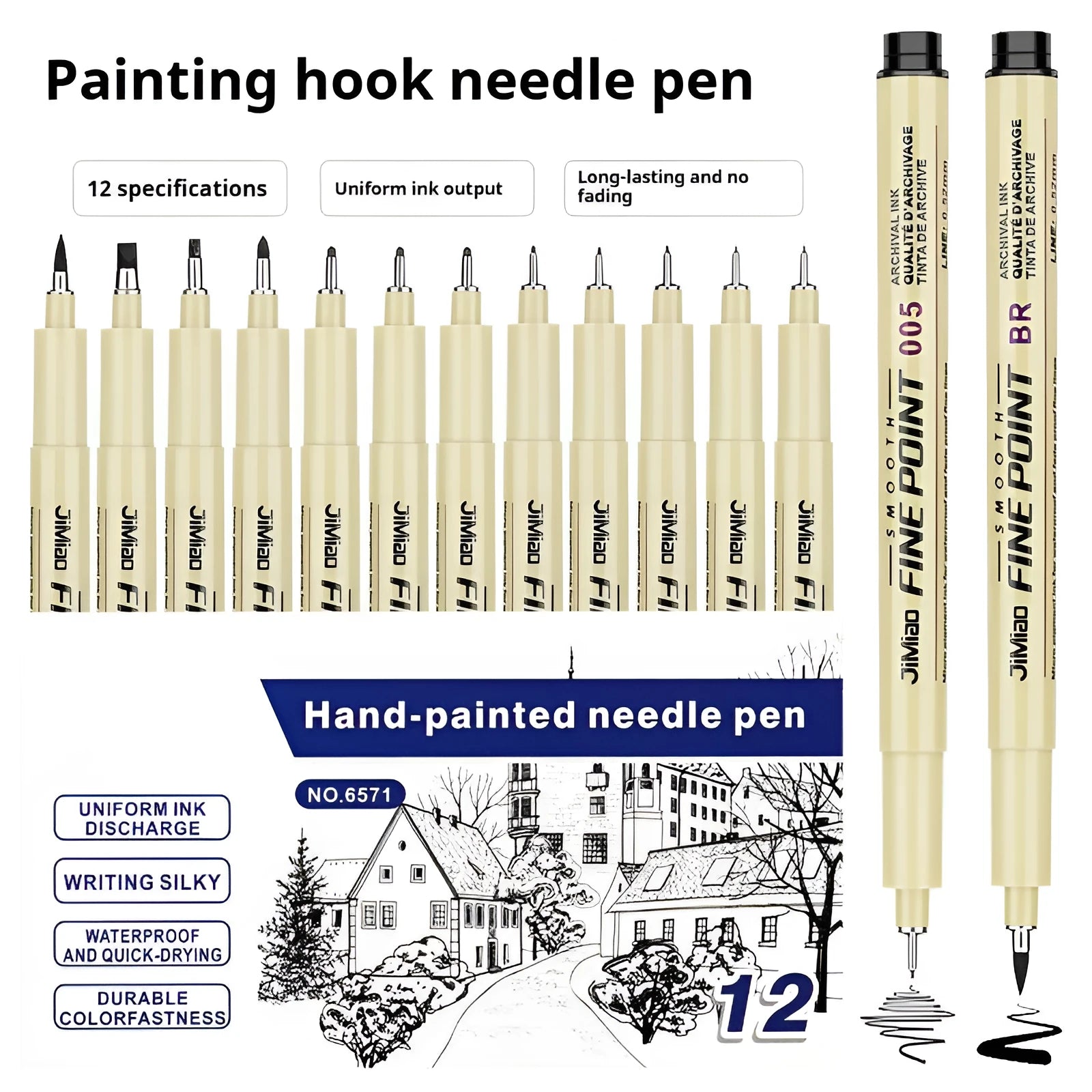 Waterproof needle pen drawing set with syringe-style design and black ink cartridge