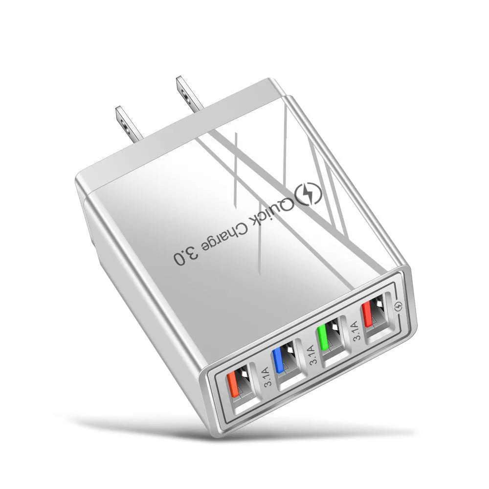 4-port USB mobile phone charger with luminous indicator light in multiple colour options